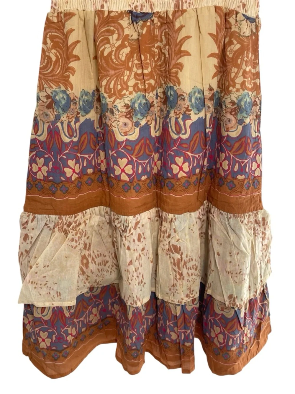 Chaudry KC Women’s Boho Tiered Midi Dress in Beige and Rust Floral Size L NWT